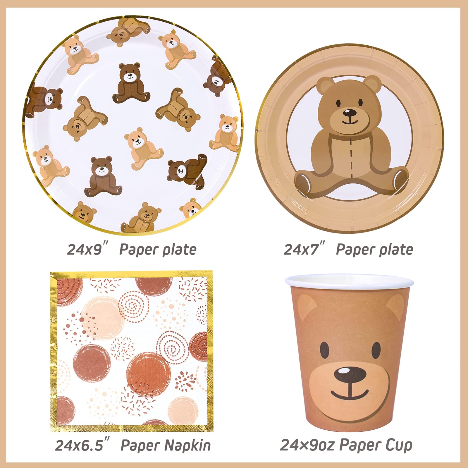 Frigg Brown Teddy Bear Plates – 24-Piece Bear Theme Party Supplies with Gold Border (Cups & Napkins)