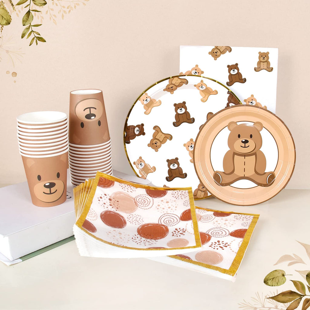 Frigg Brown Teddy Bear Plates – 24-Piece Bear Theme Party Supplies with Gold Border (Cups & Napkins)
