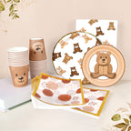 Frigg Brown Teddy Bear Plates – 24-Piece Bear Theme Party Supplies with Gold Border (Cups & Napkins)