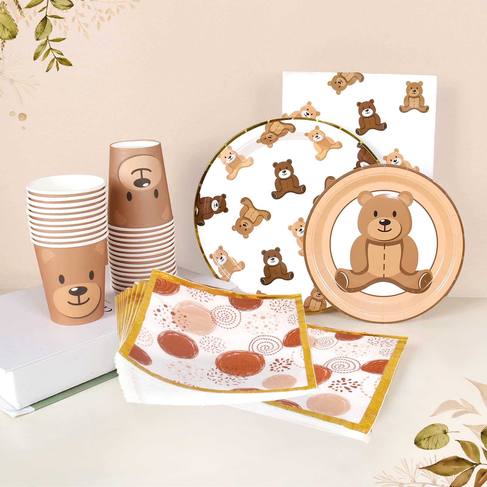 Frigg Brown Teddy Bear Plates – 24-Piece Bear Theme Party Supplies with Gold Border (Cups & Napkins)