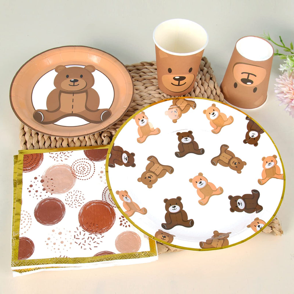 Frigg Brown Teddy Bear Plates – 24-Piece Bear Theme Party Supplies with Gold Border (Cups & Napkins)