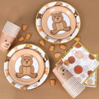 Frigg Brown Teddy Bear Plates – 24-Piece Bear Theme Party Supplies with Gold Border (Cups & Napkins)