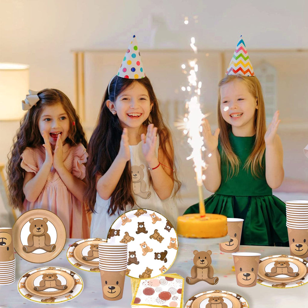 Frigg Brown Teddy Bear Plates – 24-Piece Bear Theme Party Supplies with Gold Border (Cups & Napkins)