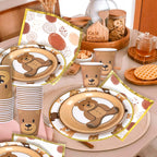 Frigg Brown Teddy Bear Plates – 24-Piece Bear Theme Party Supplies with Gold Border (Cups & Napkins)
