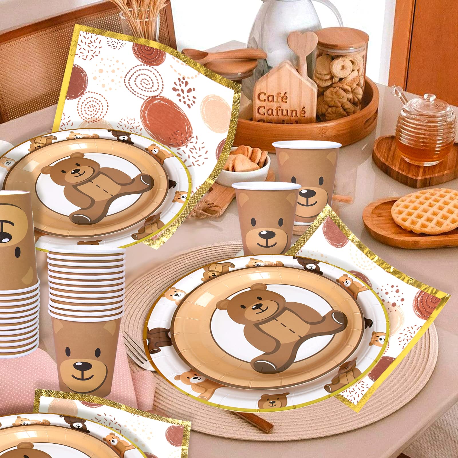 Frigg Brown Teddy Bear Plates – 24-Piece Bear Theme Party Supplies with Gold Border (Cups & Napkins)