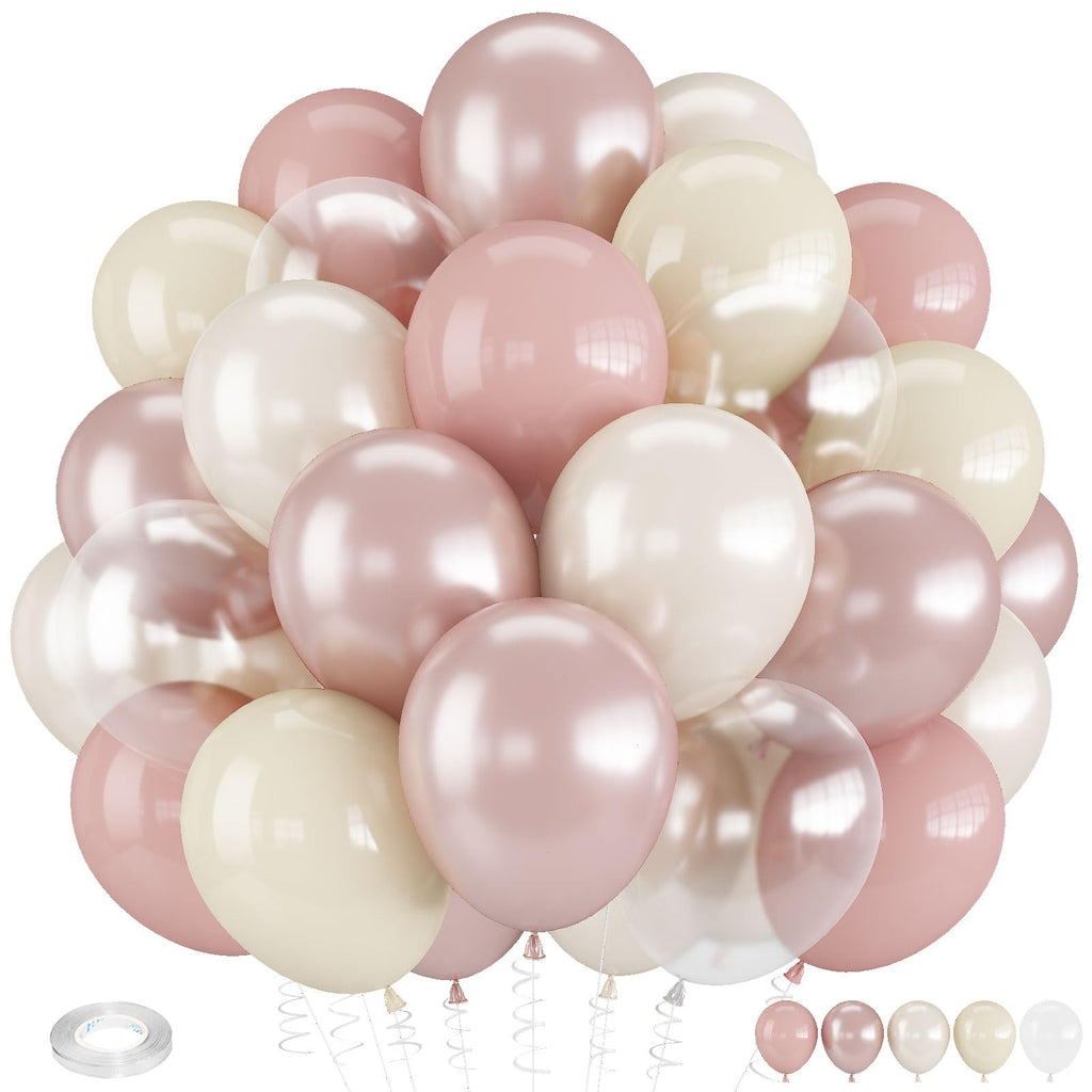 Froova Dusty Pink Balloons 12 Inch – Double Stuffed Pearl & Clear Latex for Baby Shower, Wedding & Boho Parties