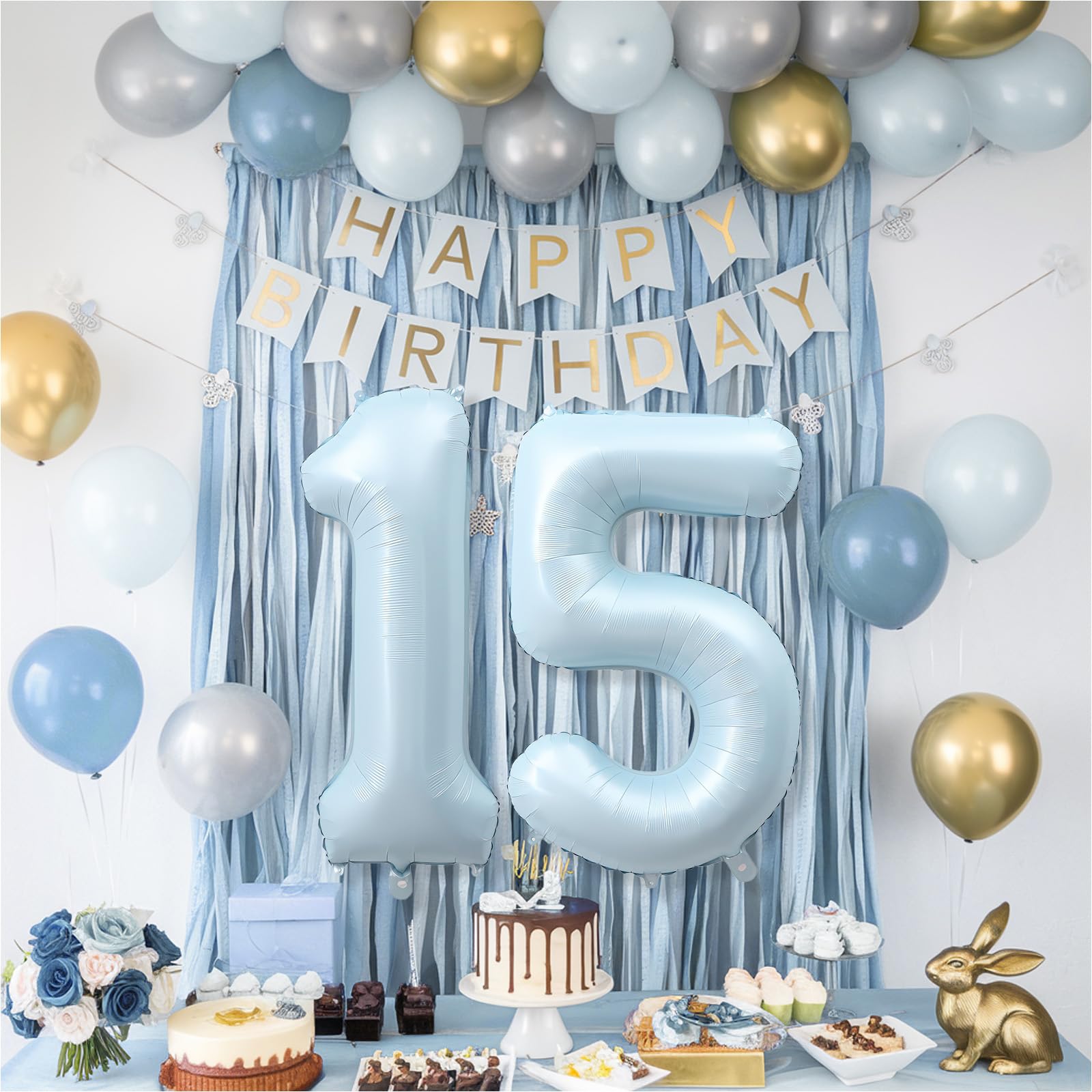 Froova 15th Birthday Balloons - 40'' Light Baby Blue Foil Number 15 Balloon