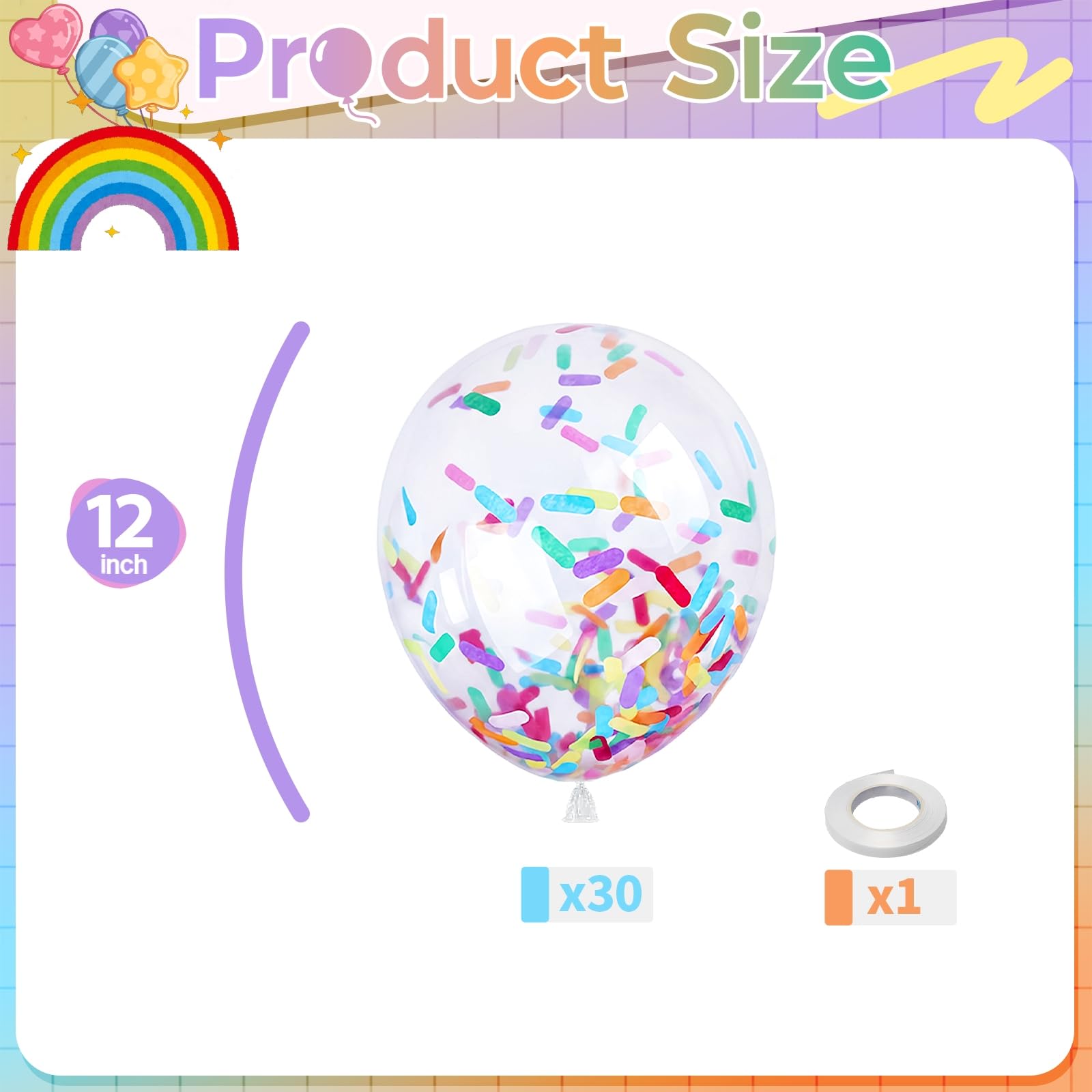 Froova Rainbow Confetti Balloons 12in — Ice Cream Sprinkle Confetti Balloons for Birthday, Baby Shower, Bridal Shower & Graduation