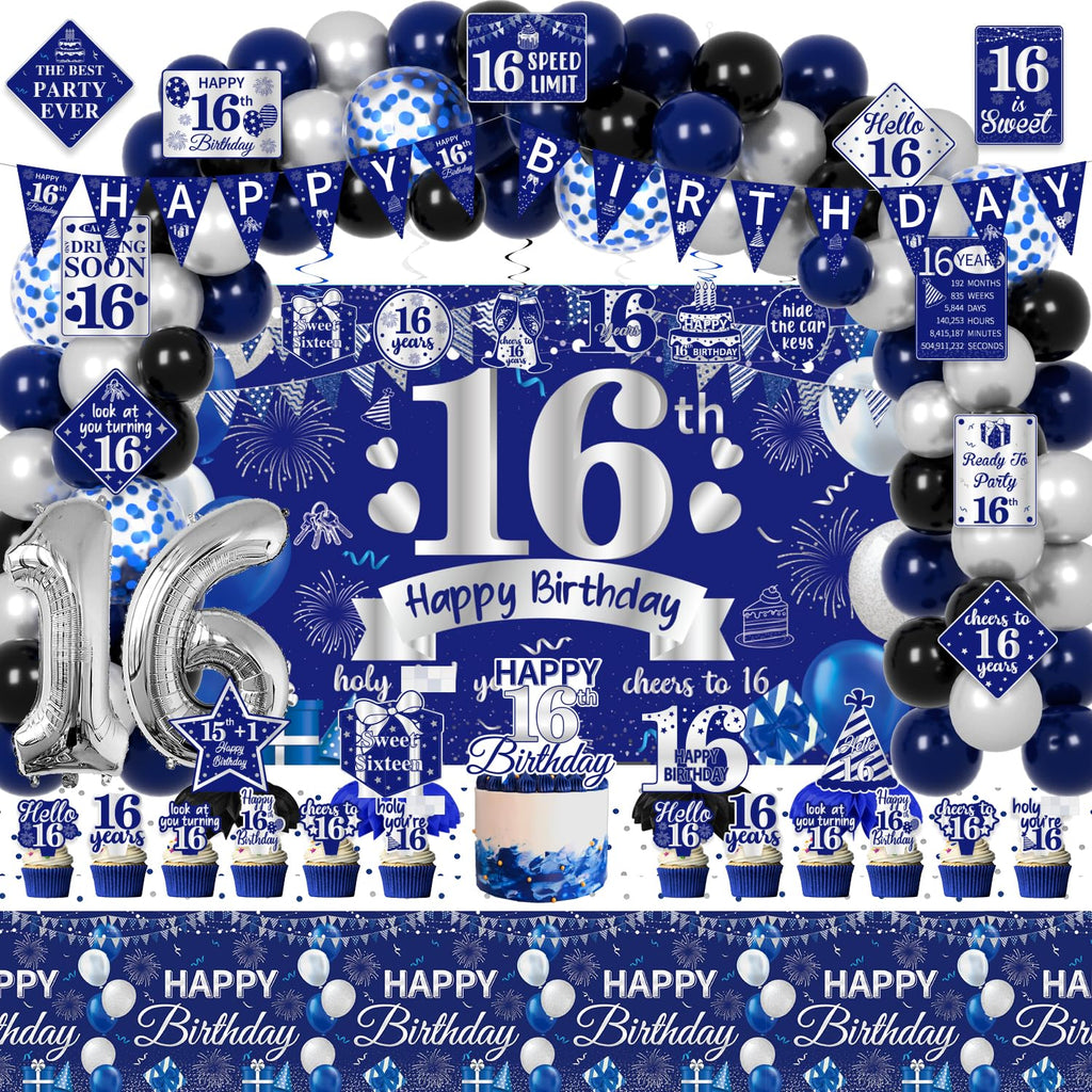 FrozzlyFun 16th Birthday Decorations for Boys | 113Pcs Blue Silver Party Supplies