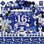FrozzlyFun 16th Birthday Decorations for Boys | 113Pcs Blue Silver Party Supplies