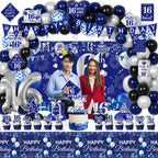 FrozzlyFun 16th Birthday Decorations for Boys | 113Pcs Blue Silver Party Supplies