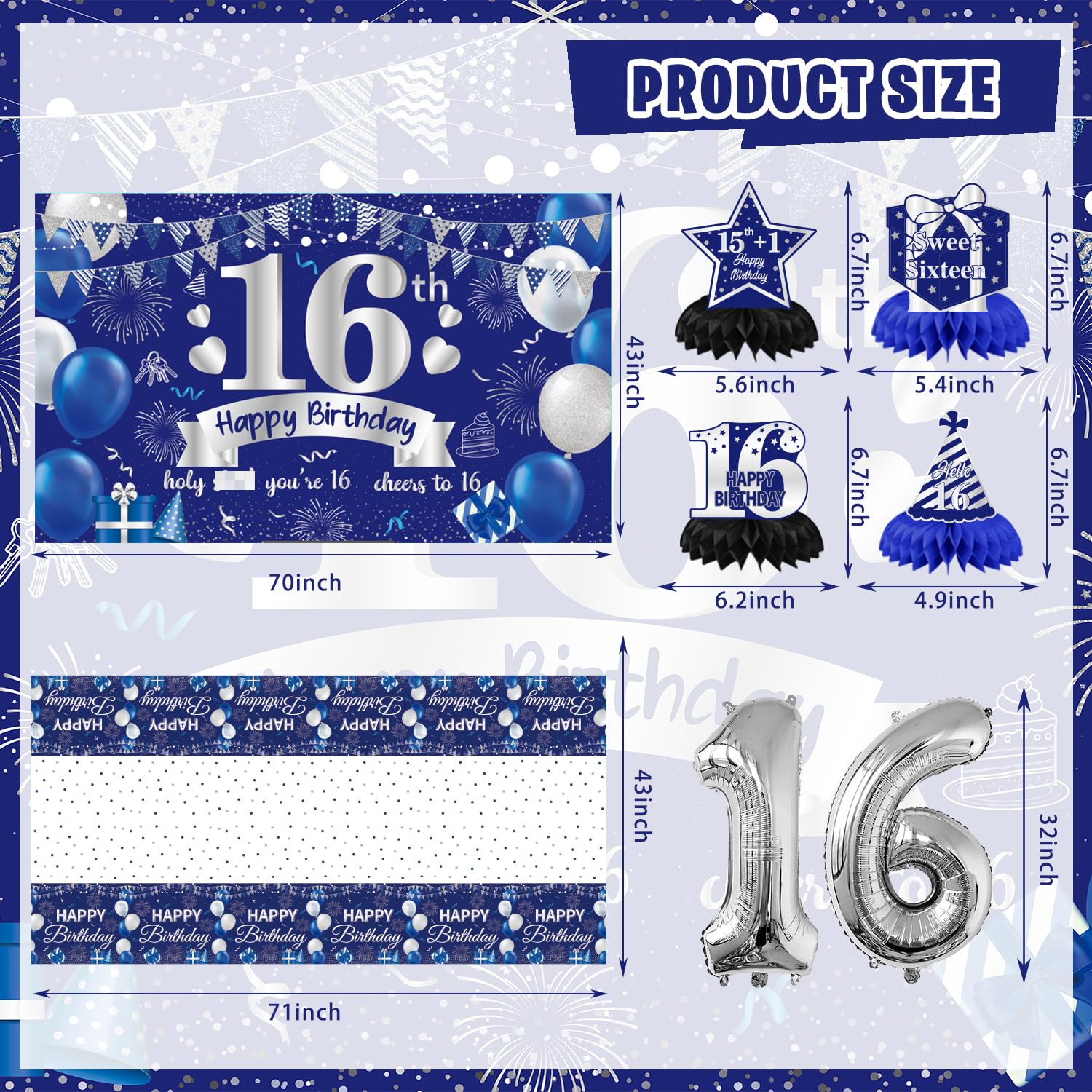 FrozzlyFun 16th Birthday Decorations for Boys | 113Pcs Blue Silver Party Supplies