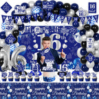 FrozzlyFun 16th Birthday Decorations for Boys | 113Pcs Blue Silver Party Supplies