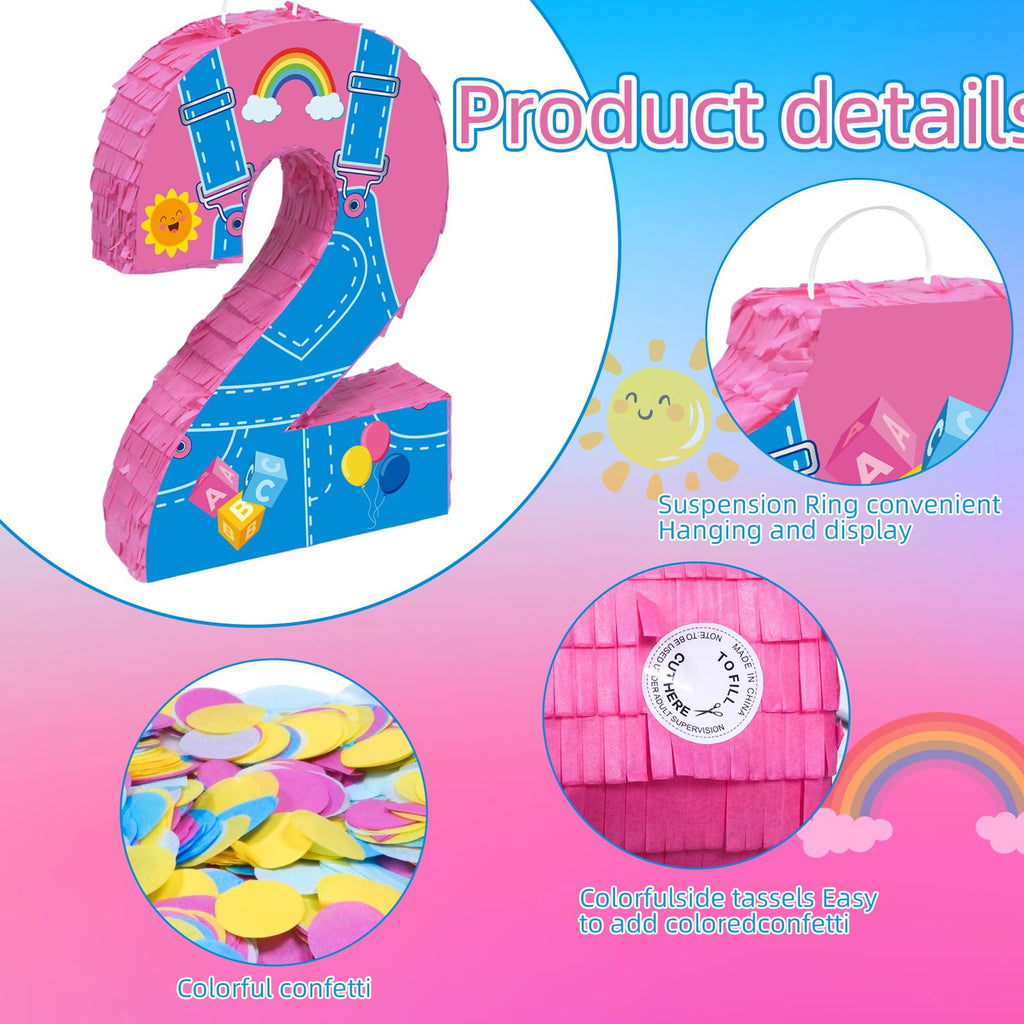 Fsnjcz Pink Number 2 Pinata – 15.7-inch Party Decoration with Stick, Blindfold & Confetti