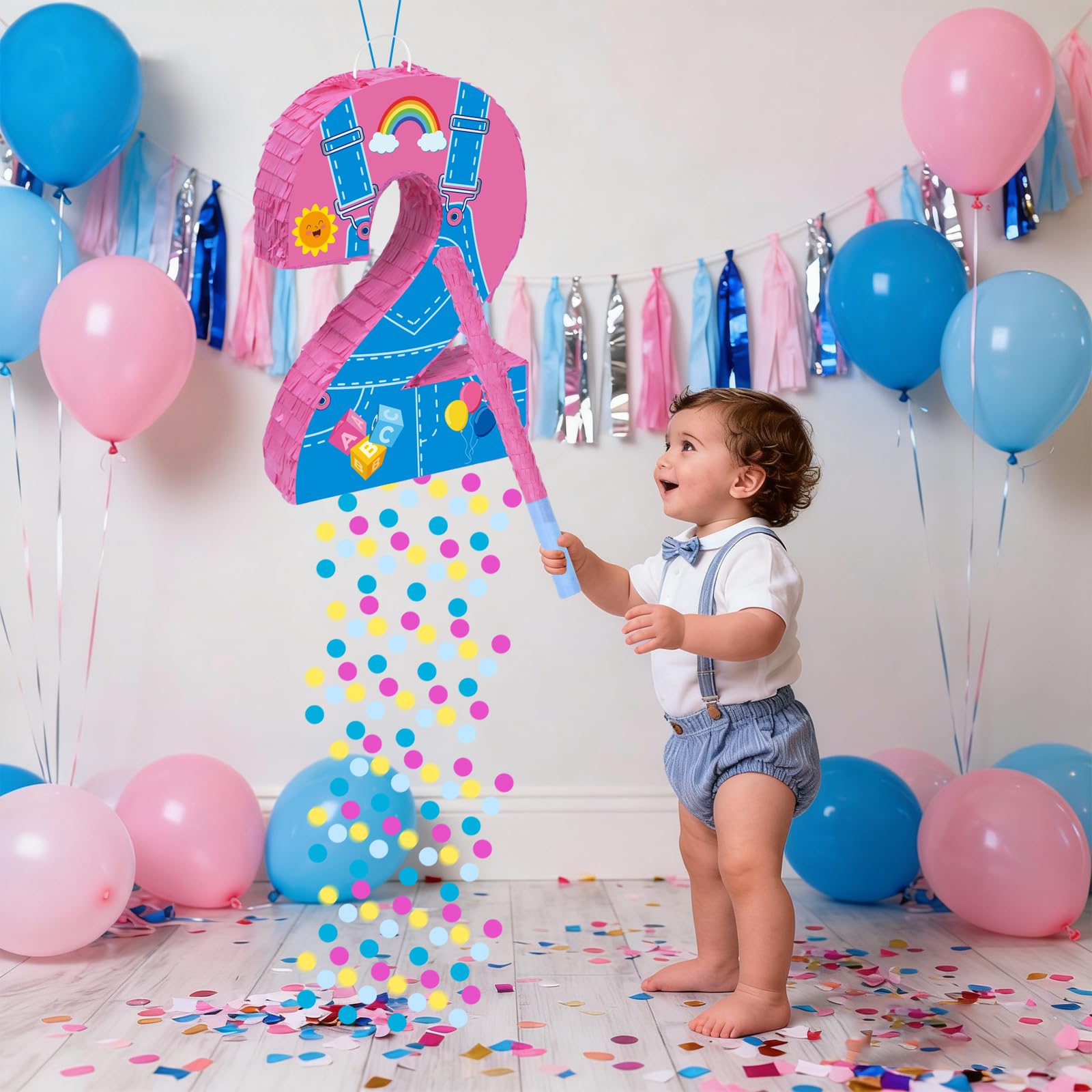 Fsnjcz Pink Number 2 Pinata – 15.7-inch Party Decoration with Stick, Blindfold & Confetti
