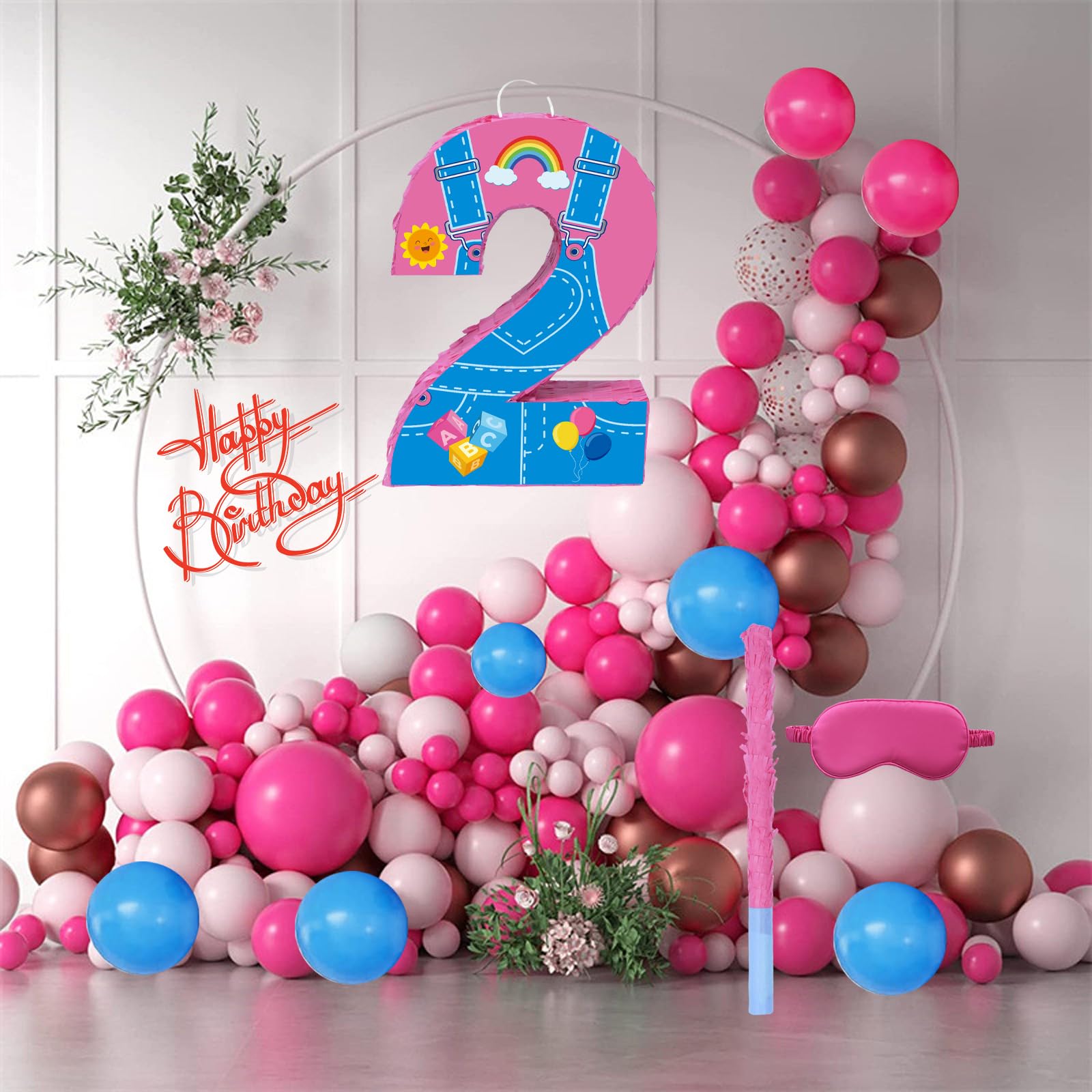Fsnjcz Pink Number 2 Pinata – 15.7-inch Party Decoration with Stick, Blindfold & Confetti