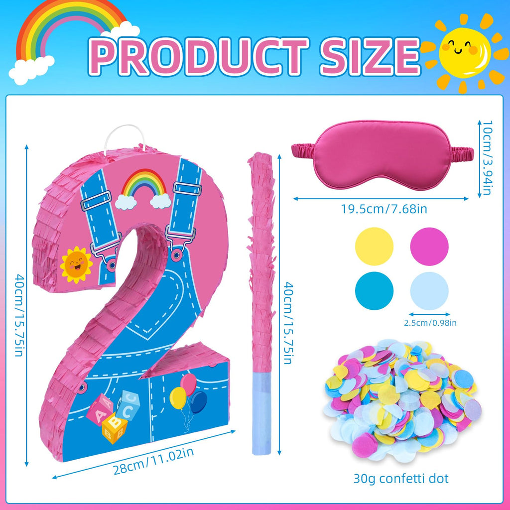 Fsnjcz Pink Number 2 Pinata – 15.7-inch Party Decoration with Stick, Blindfold & Confetti