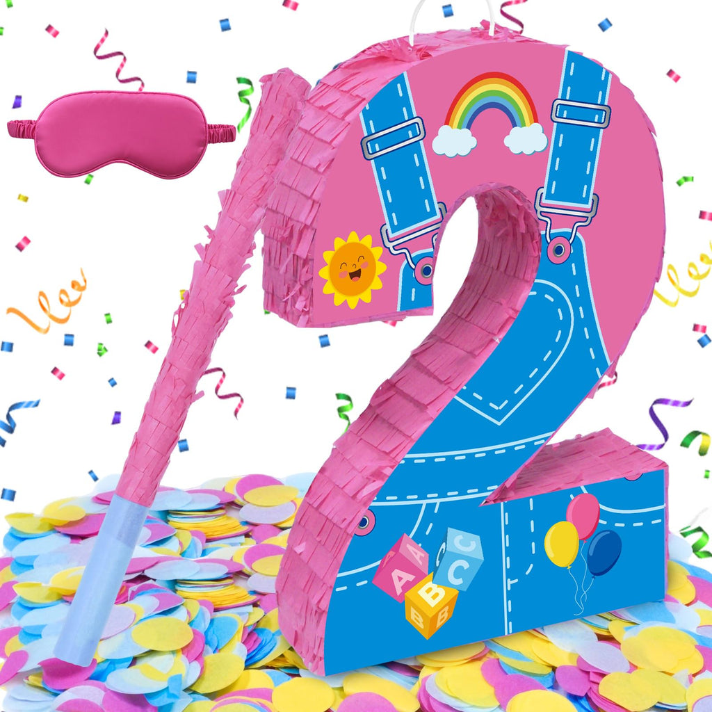 Fsnjcz Pink Number 2 Pinata – 15.7-inch Party Decoration with Stick, Blindfold & Confetti