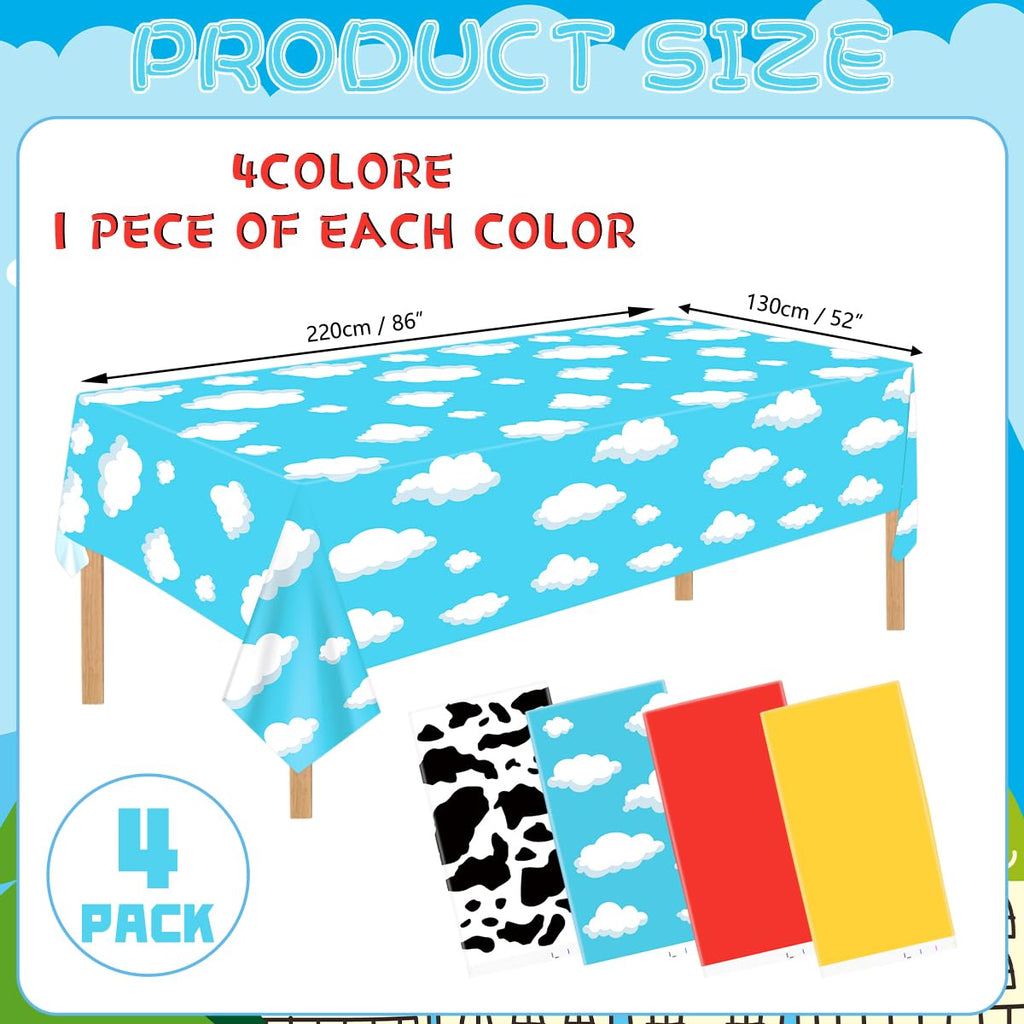 FuenteOrilla 4 Pcs Story Tablecloths Mix Color – Cow & Cloud Pattern Plastic Table Covers 52 x 86 in