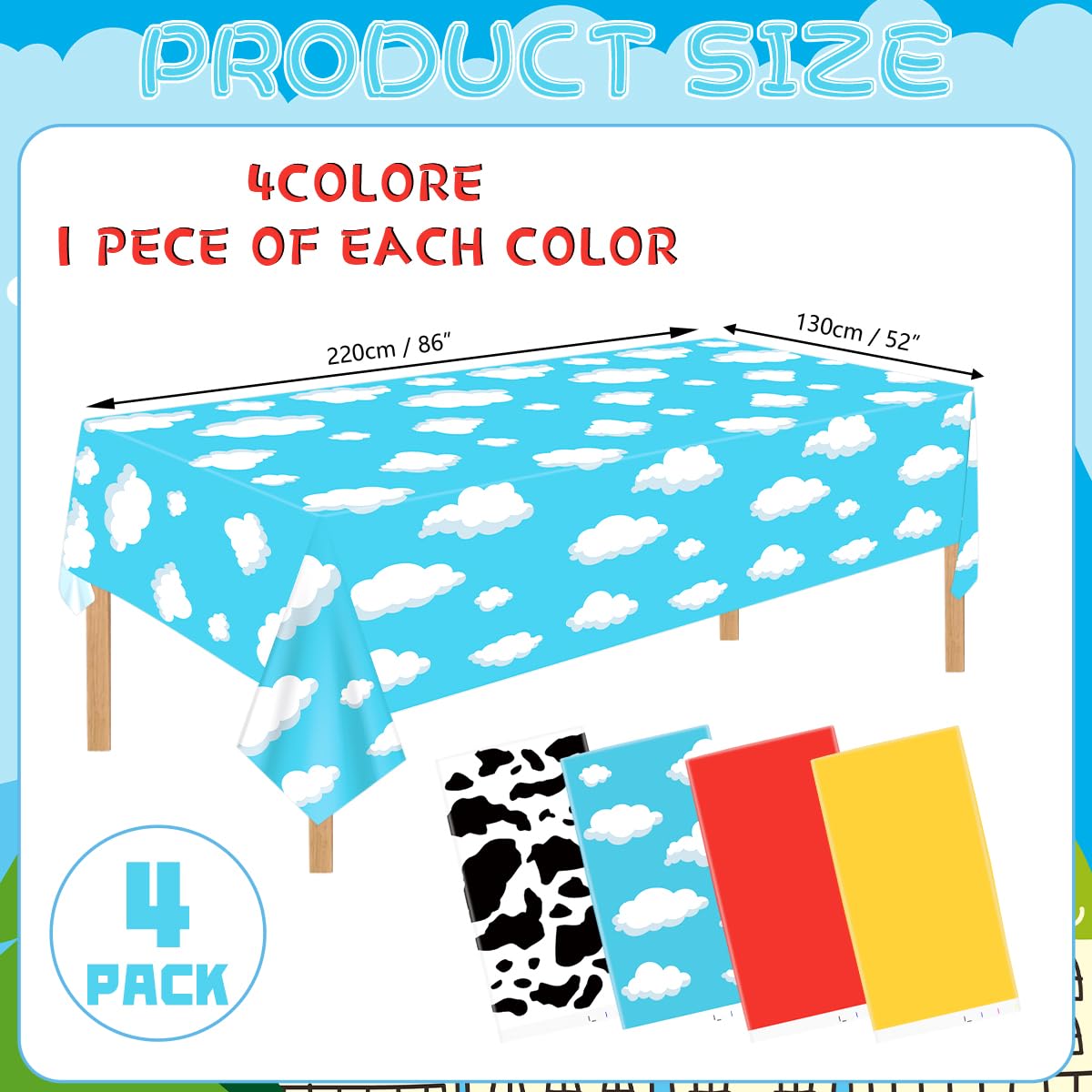 FuenteOrilla 4 Pcs Story Tablecloths Mix Color – Cow & Cloud Pattern Plastic Table Covers 52 x 86 in