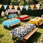 FuenteOrilla 4 Pcs Story Tablecloths Mix Color – Cow & Cloud Pattern Plastic Table Covers 52 x 86 in