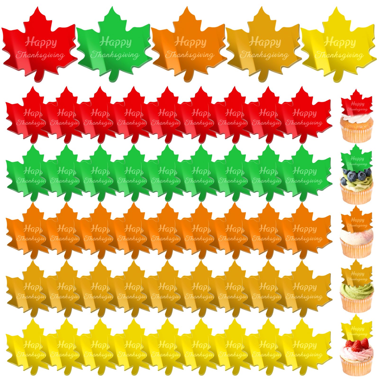 FULAIERGD 45 Pcs Happy Thanksgiving Mirror Acrylic Disc Cupcake Toppers – 5 Color Maple Leaf Engraved