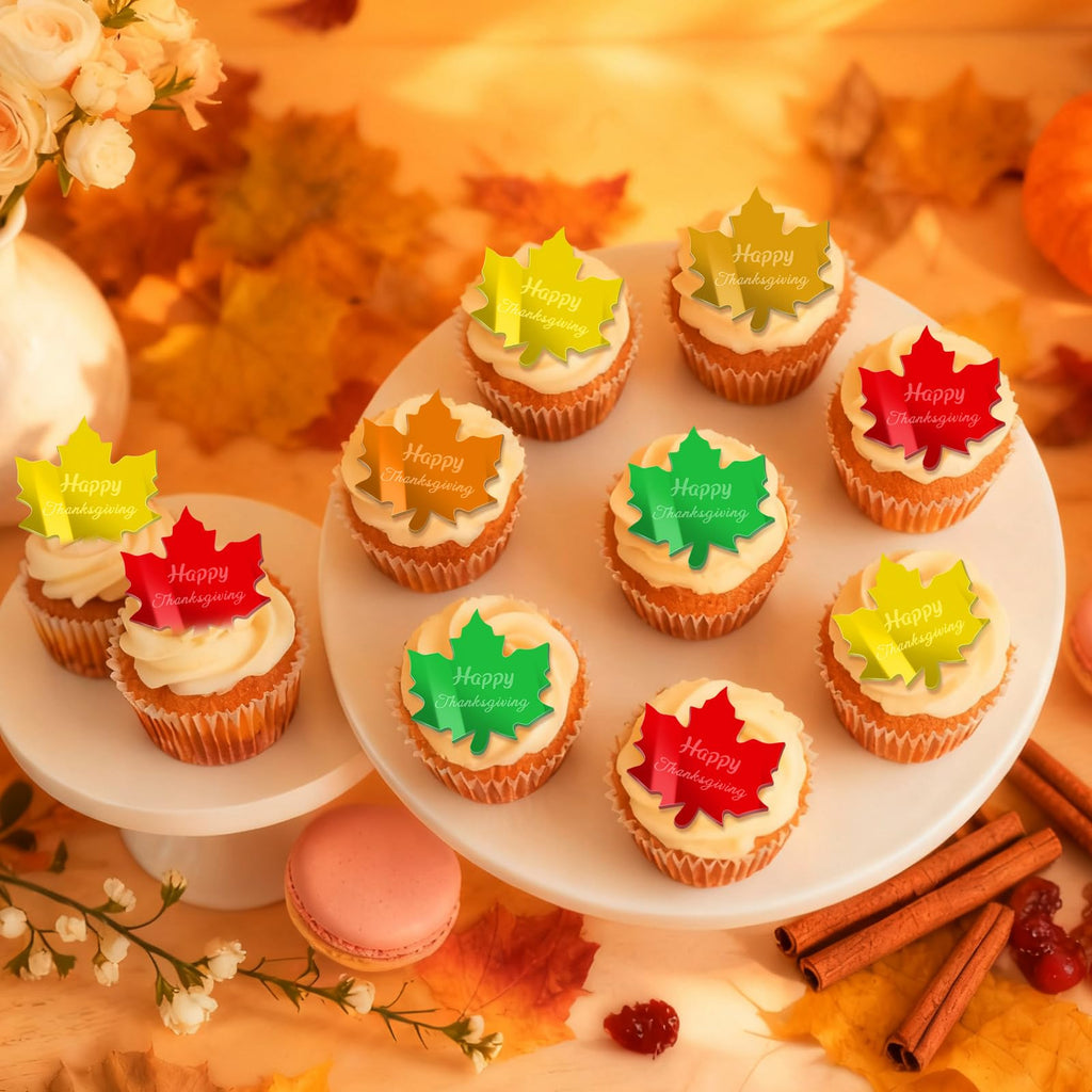 FULAIERGD 45 Pcs Happy Thanksgiving Mirror Acrylic Disc Cupcake Toppers – 5 Color Maple Leaf Engraved