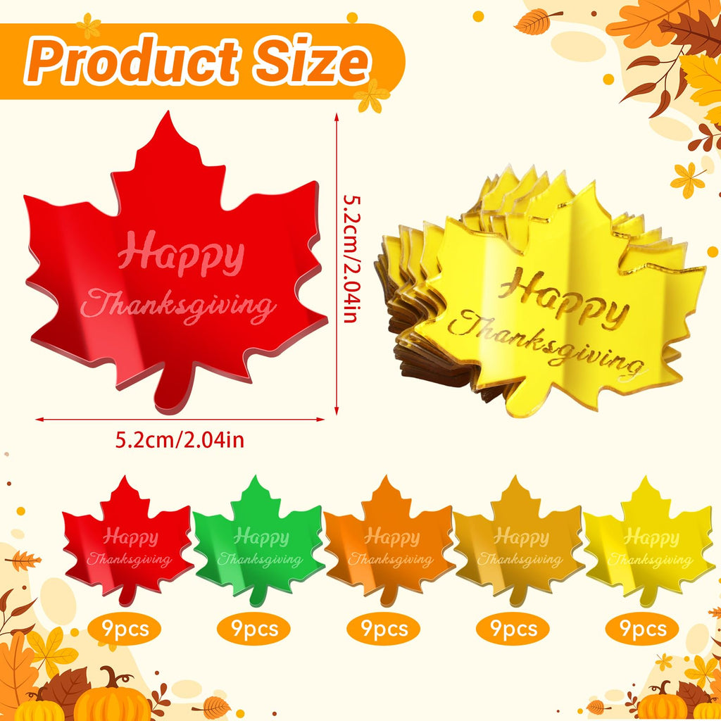 FULAIERGD 45 Pcs Happy Thanksgiving Mirror Acrylic Disc Cupcake Toppers – 5 Color Maple Leaf Engraved