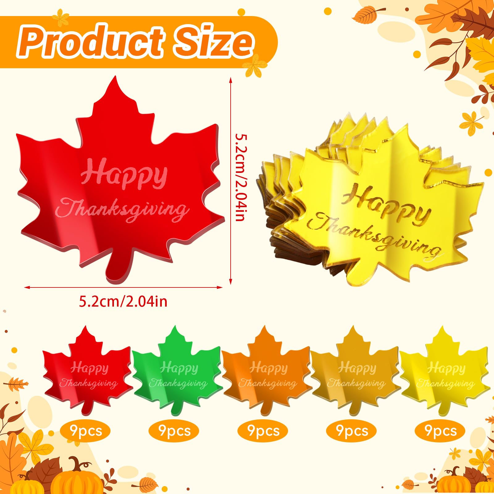FULAIERGD 45 Pcs Happy Thanksgiving Mirror Acrylic Disc Cupcake Toppers – 5 Color Maple Leaf Engraved