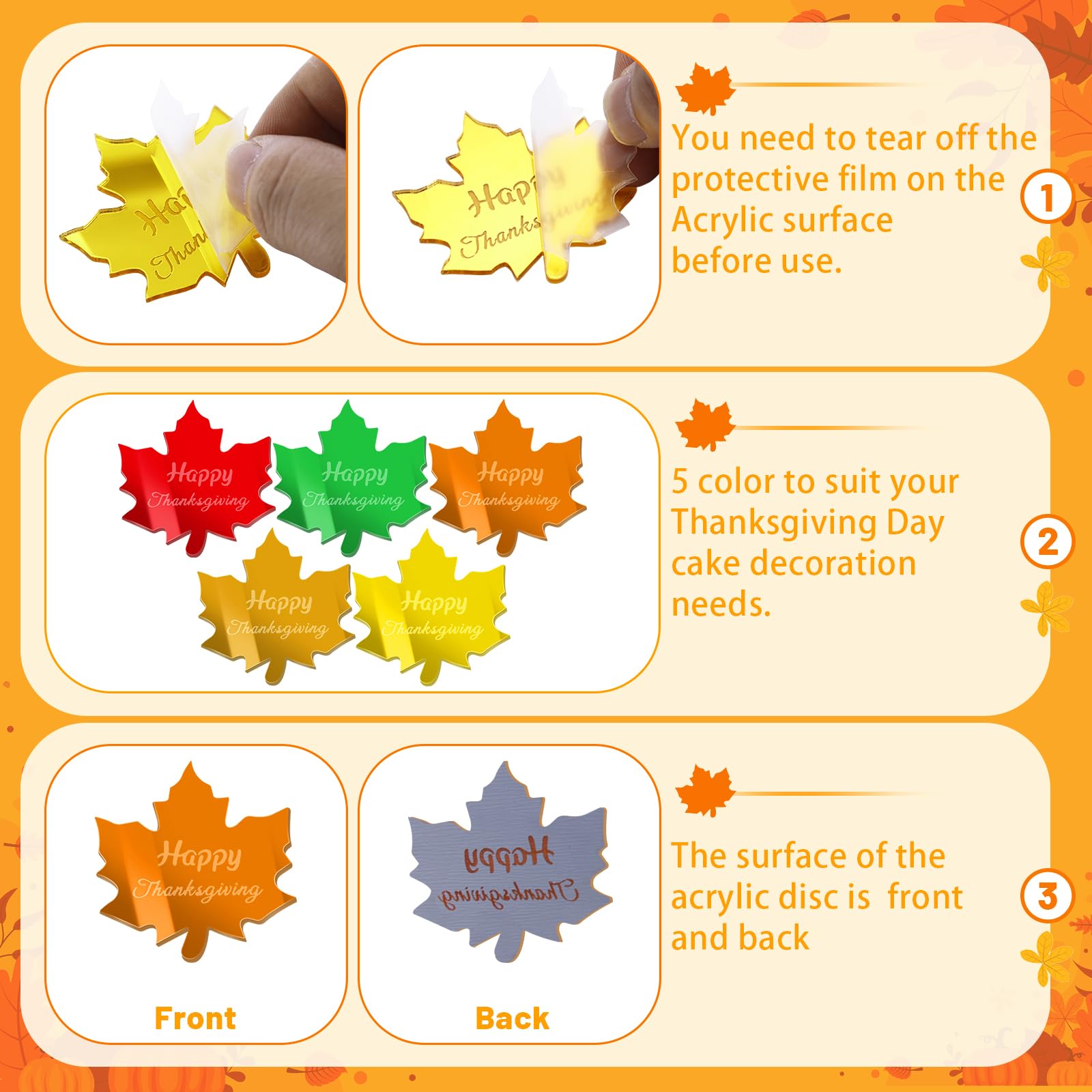 FULAIERGD 45 Pcs Happy Thanksgiving Mirror Acrylic Disc Cupcake Toppers – 5 Color Maple Leaf Engraved