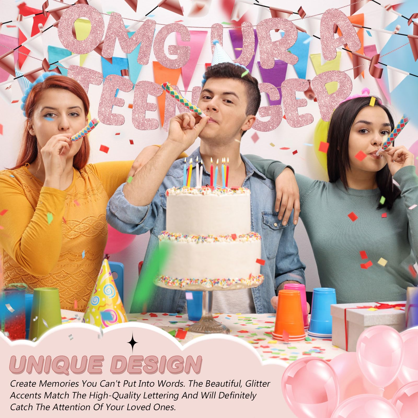 Fulmoon OMG Ur a Teenager Glitter Banner - 13th Birthday Decor (Rose Gold)