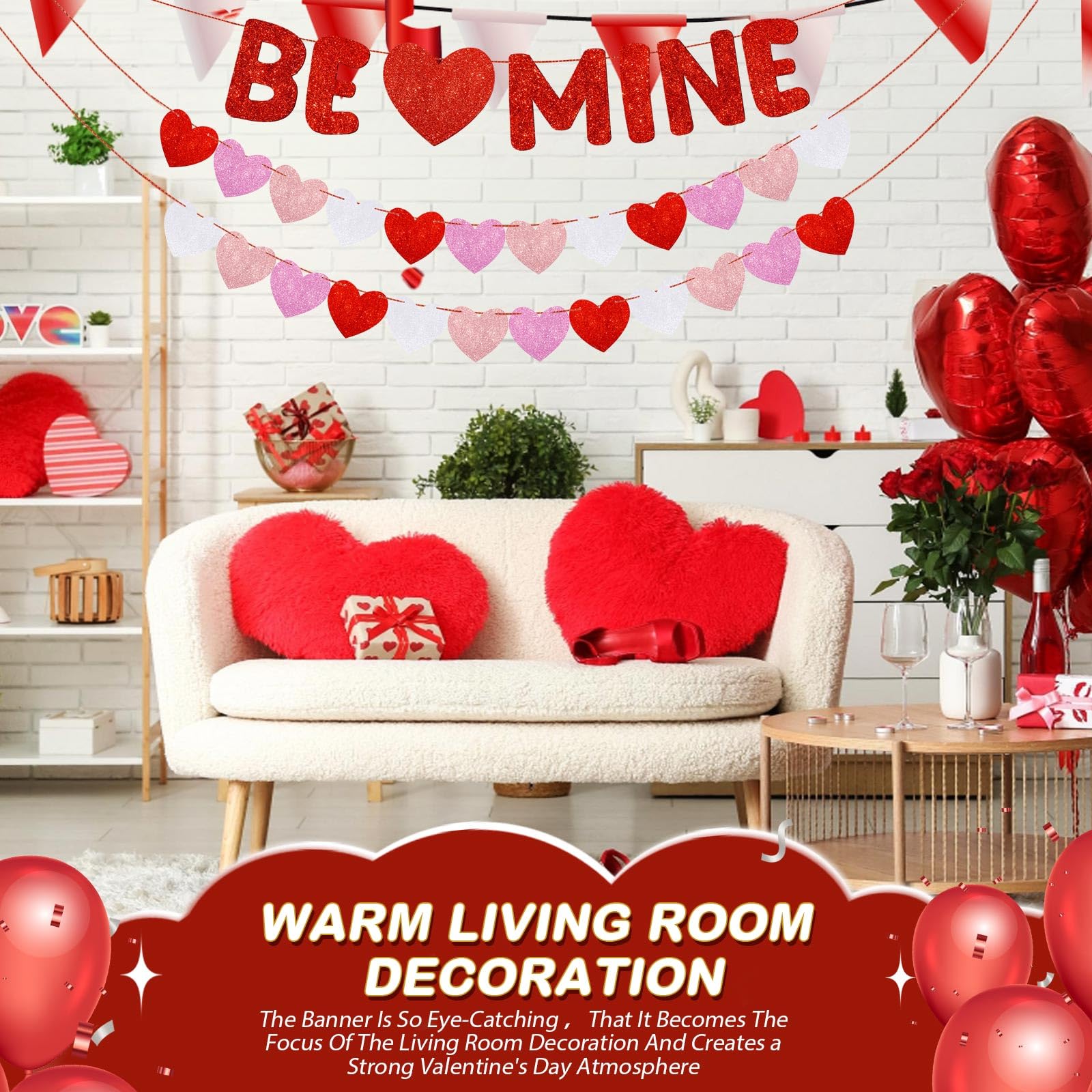 Fulmoon Be Mine Glitter Valentine Banner – Pre-Strung Heart Garland for Valentine's Day, Weddings & Home Decor