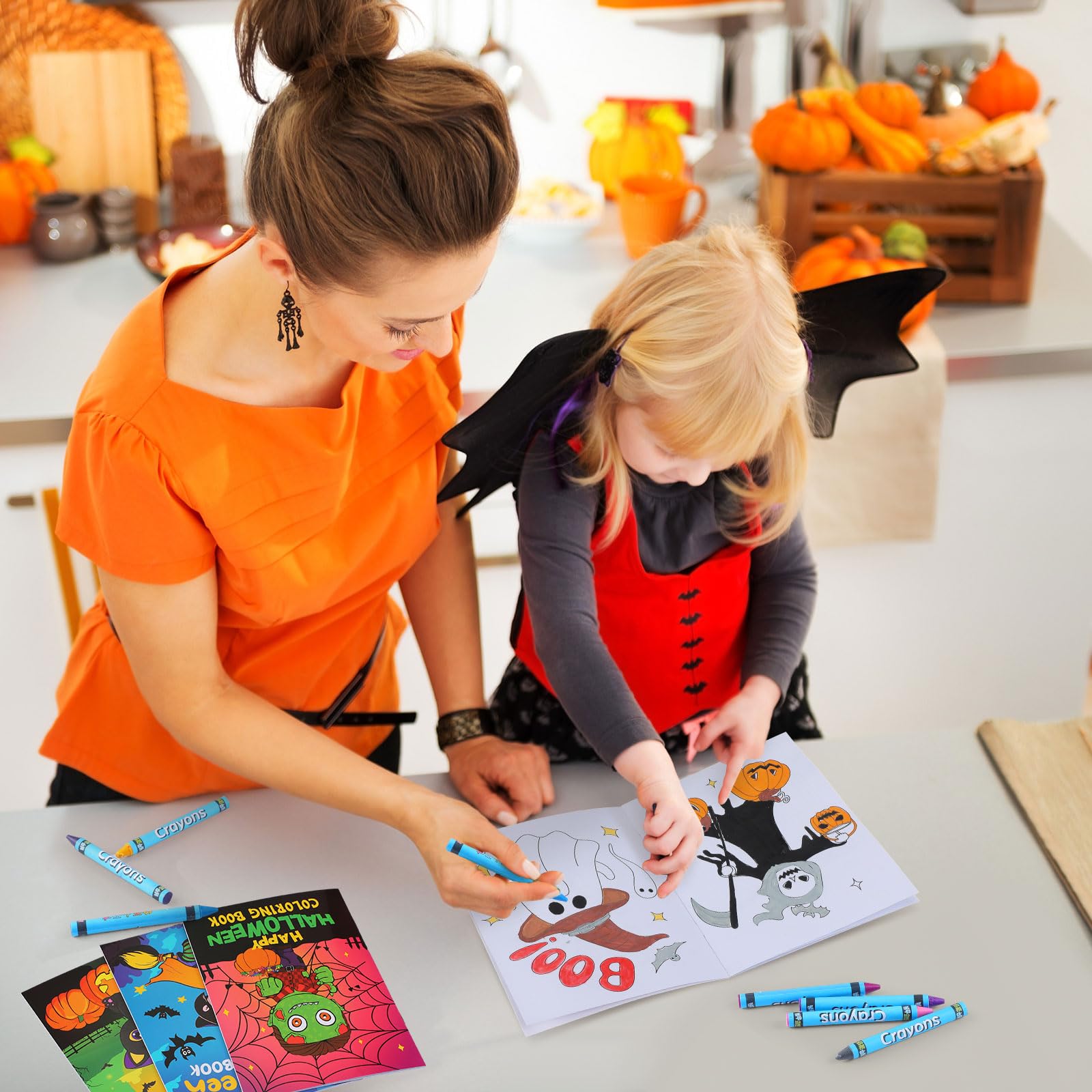 Fulmoon 144 Pcs Halloween Coloring Book Crayons Set — 72 Mini Coloring Books + 72 Crayons for Party Favors and Trick-or-Treat Gifts