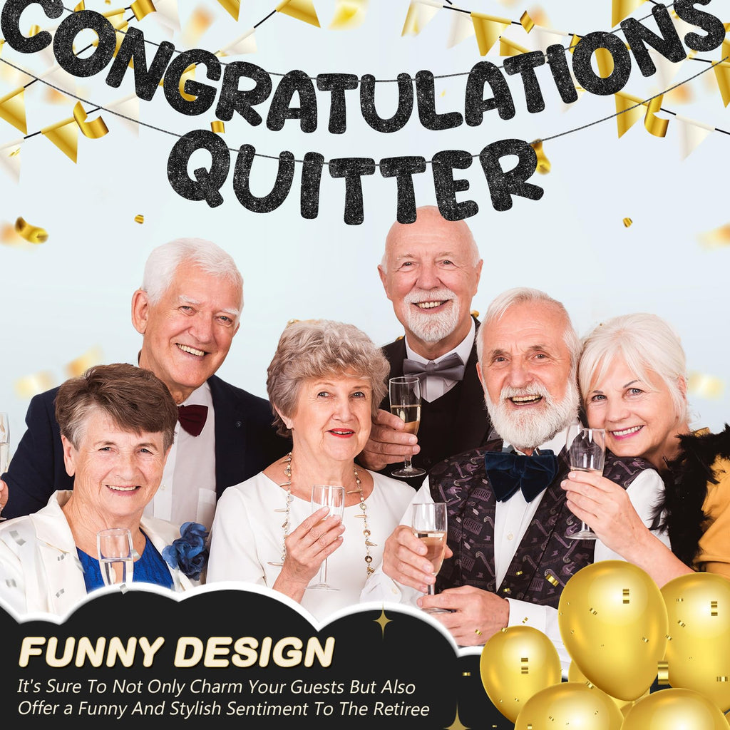 Fulmoon Pre Strung Congratulations Quitter Glitter Banner – Retirement & Graduation Decor (Black)