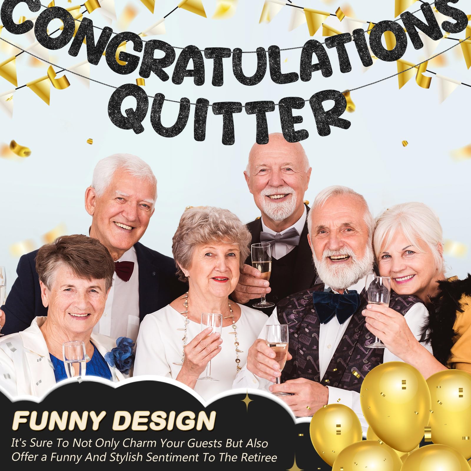 Fulmoon Pre Strung Congratulations Quitter Glitter Banner – Retirement & Graduation Decor (Black)