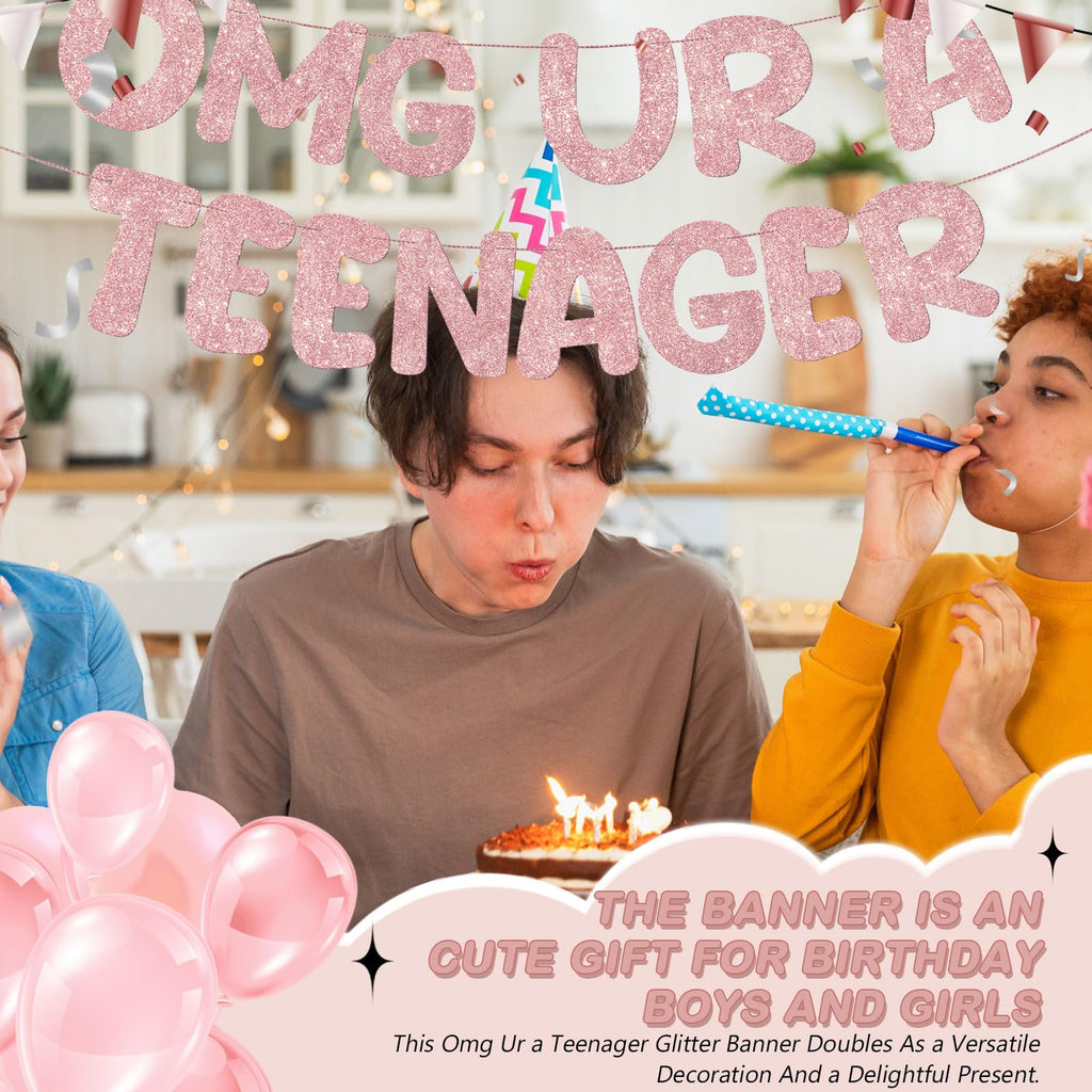 Fulmoon OMG Ur a Teenager Glitter Banner - 13th Birthday Decor (Rose Gold)