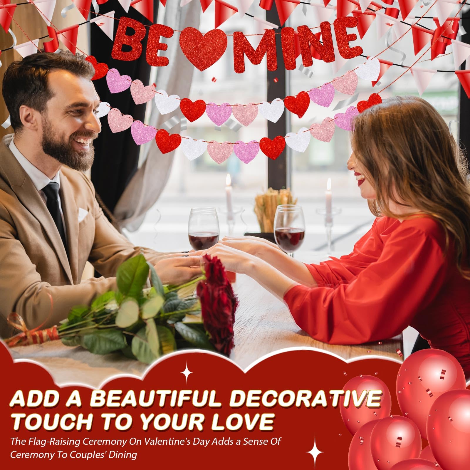 Fulmoon Be Mine Glitter Valentine Banner – Pre-Strung Heart Garland for Valentine's Day, Weddings & Home Decor