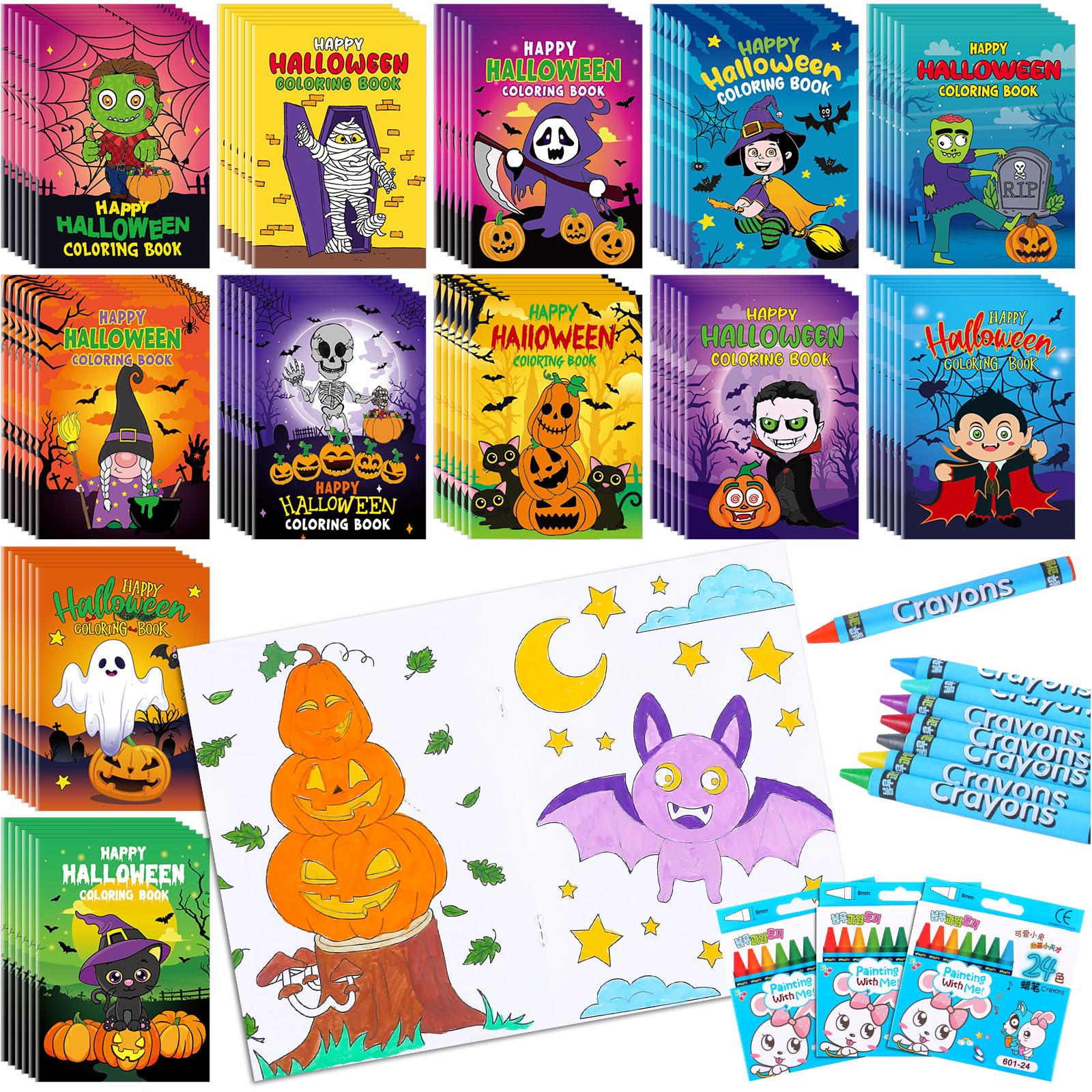 Fulmoon 144 Pcs Halloween Coloring Book Crayons Set — 72 Mini Coloring Books + 72 Crayons for Party Favors and Trick-or-Treat Gifts