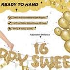 Fulmoon Pre Strung Happy Sweet 16 Banner – Champagne Gold Glitter Birthday Decor