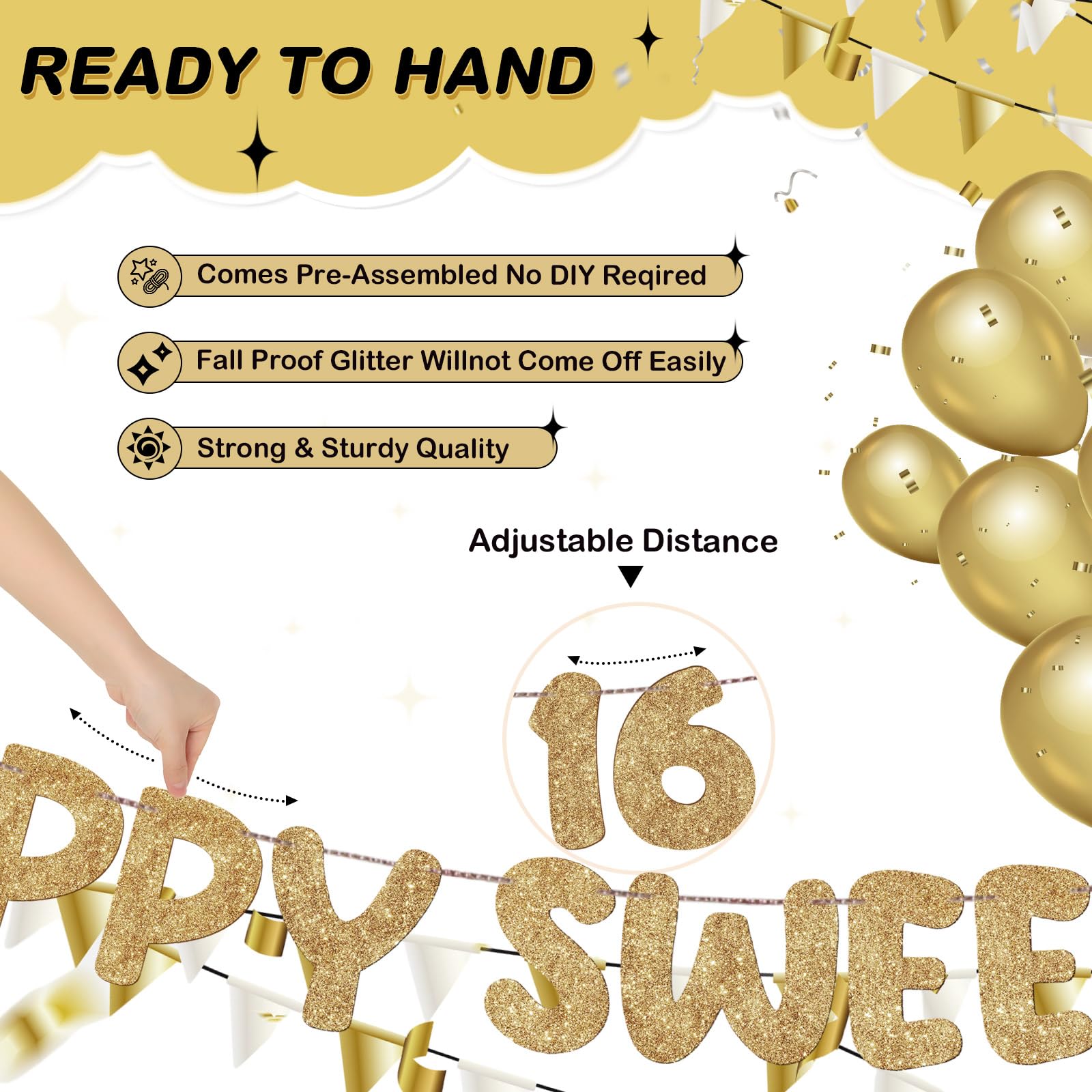 Fulmoon Pre Strung Happy Sweet 16 Banner – Champagne Gold Glitter Birthday Decor