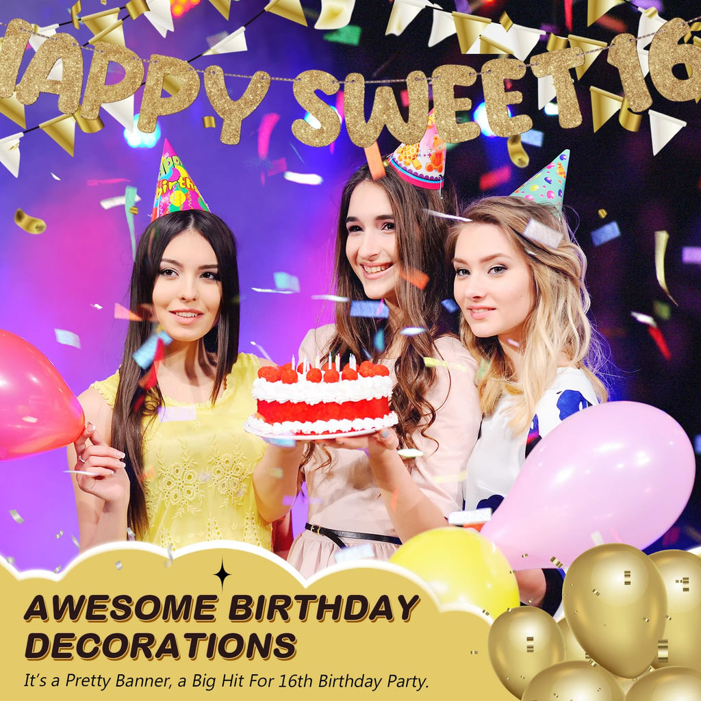 Fulmoon Pre Strung Happy Sweet 16 Banner – Champagne Gold Glitter Birthday Decor