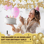 Fulmoon Pre Strung Happy Sweet 16 Banner – Champagne Gold Glitter Birthday Decor