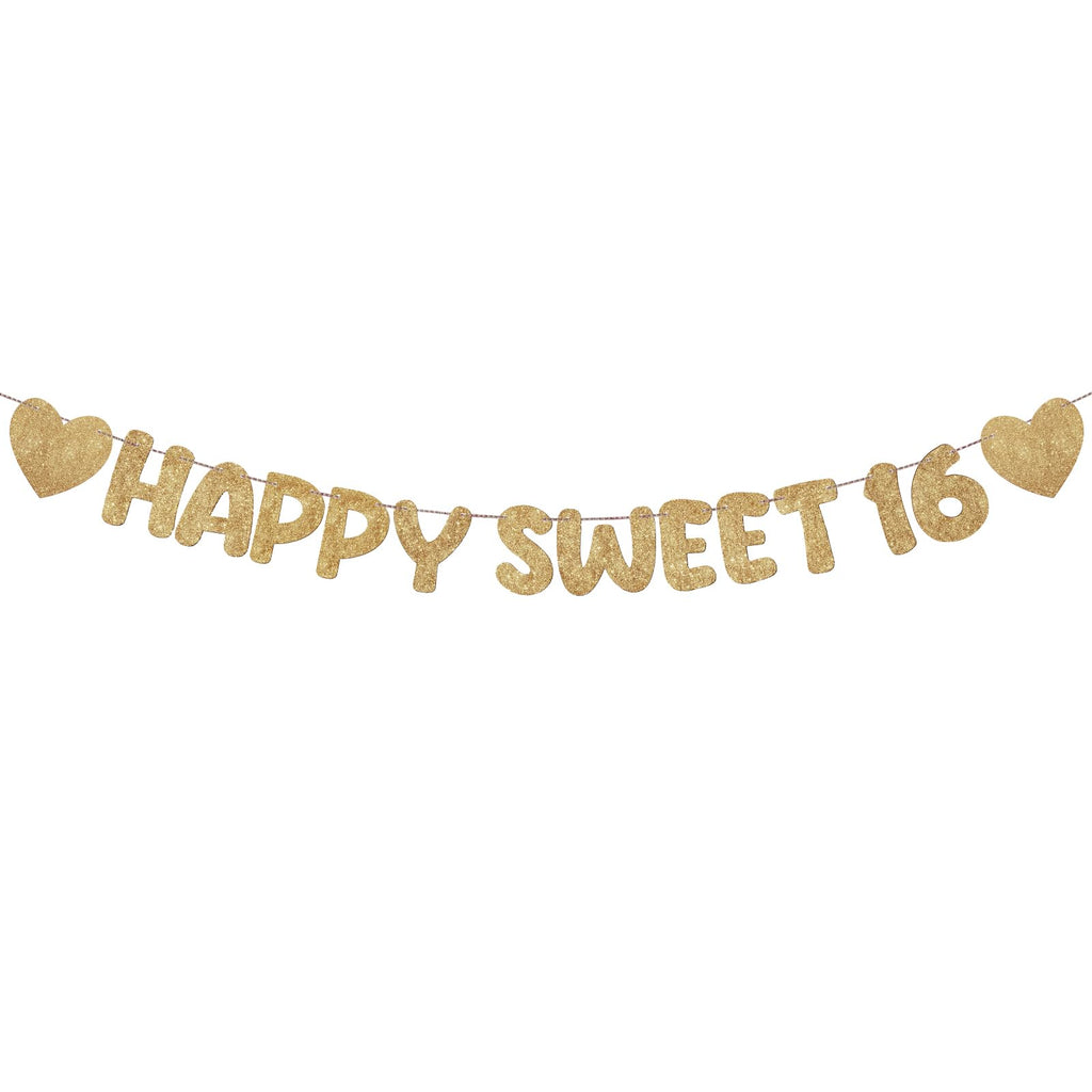 Fulmoon Pre Strung Happy Sweet 16 Banner – Champagne Gold Glitter Birthday Decor
