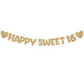 Fulmoon Pre Strung Happy Sweet 16 Banner – Champagne Gold Glitter Birthday Decor