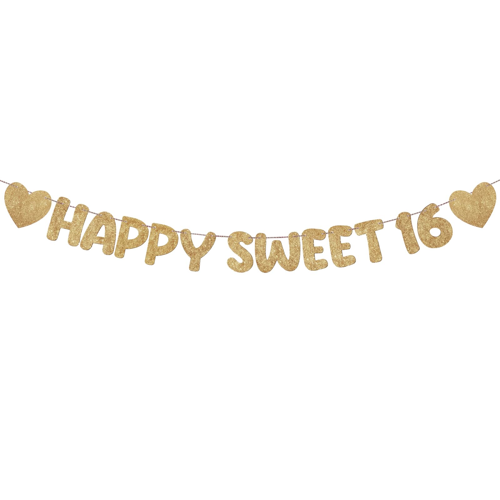Fulmoon Pre Strung Happy Sweet 16 Banner – Champagne Gold Glitter Birthday Decor