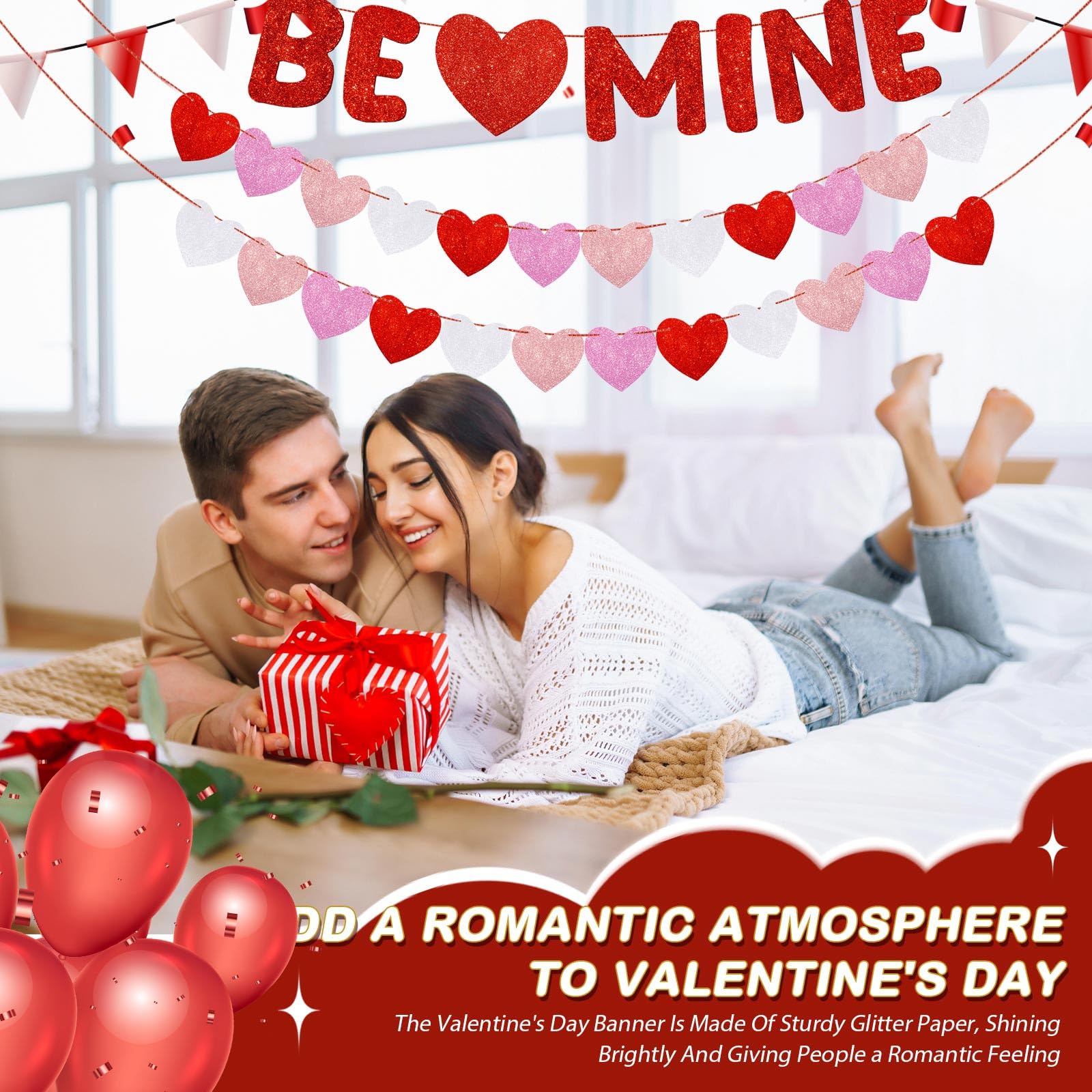 Fulmoon Be Mine Glitter Valentine Banner – Pre-Strung Heart Garland for Valentine's Day, Weddings & Home Decor