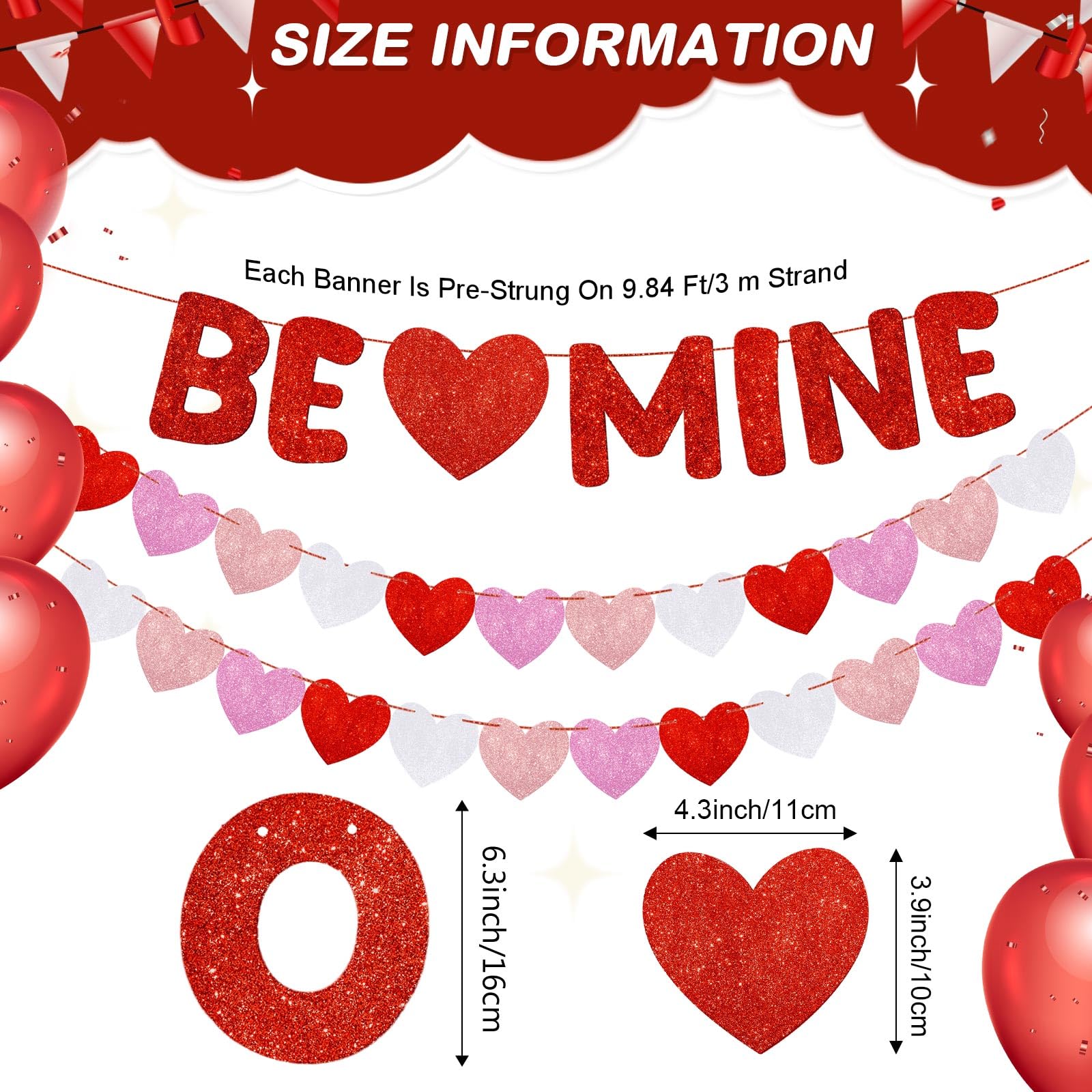 Fulmoon Be Mine Glitter Valentine Banner – Pre-Strung Heart Garland for Valentine's Day, Weddings & Home Decor