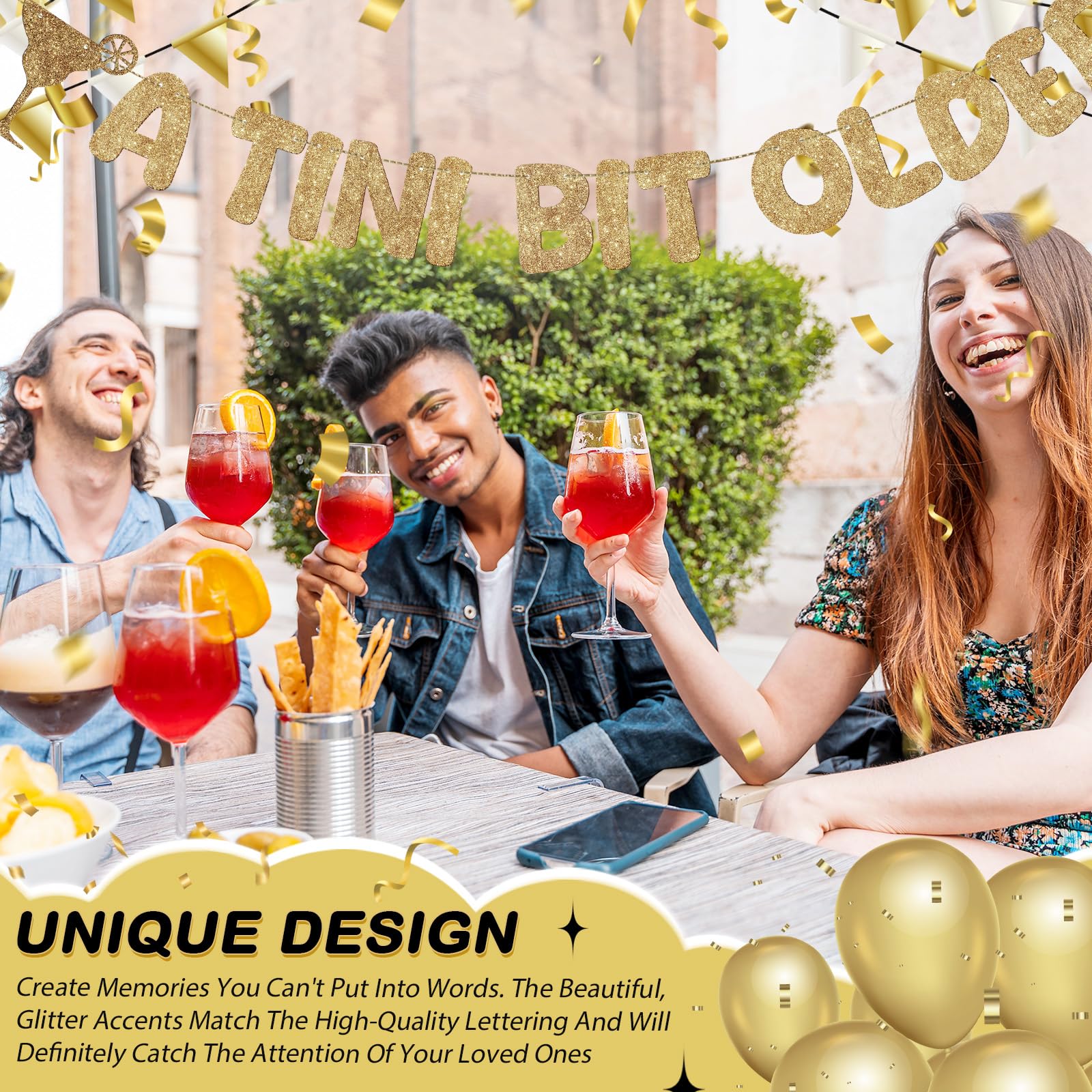 Fulmoon Pre Strung A Tini Bit Older Banner – Glitter Martini Party Decorations (Champagne Gold)