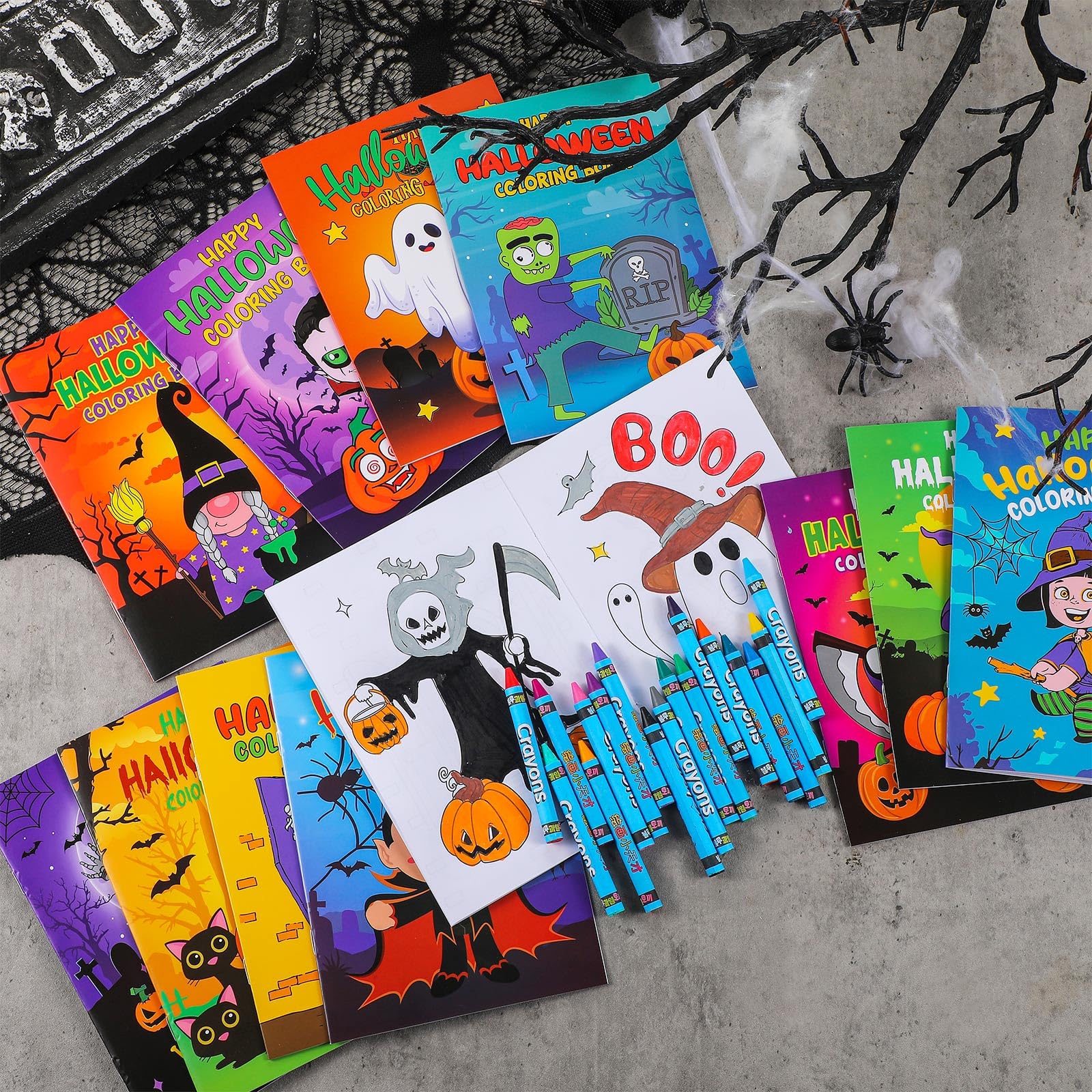 Fulmoon 144 Pcs Halloween Coloring Book Crayons Set — 72 Mini Coloring Books + 72 Crayons for Party Favors and Trick-or-Treat Gifts