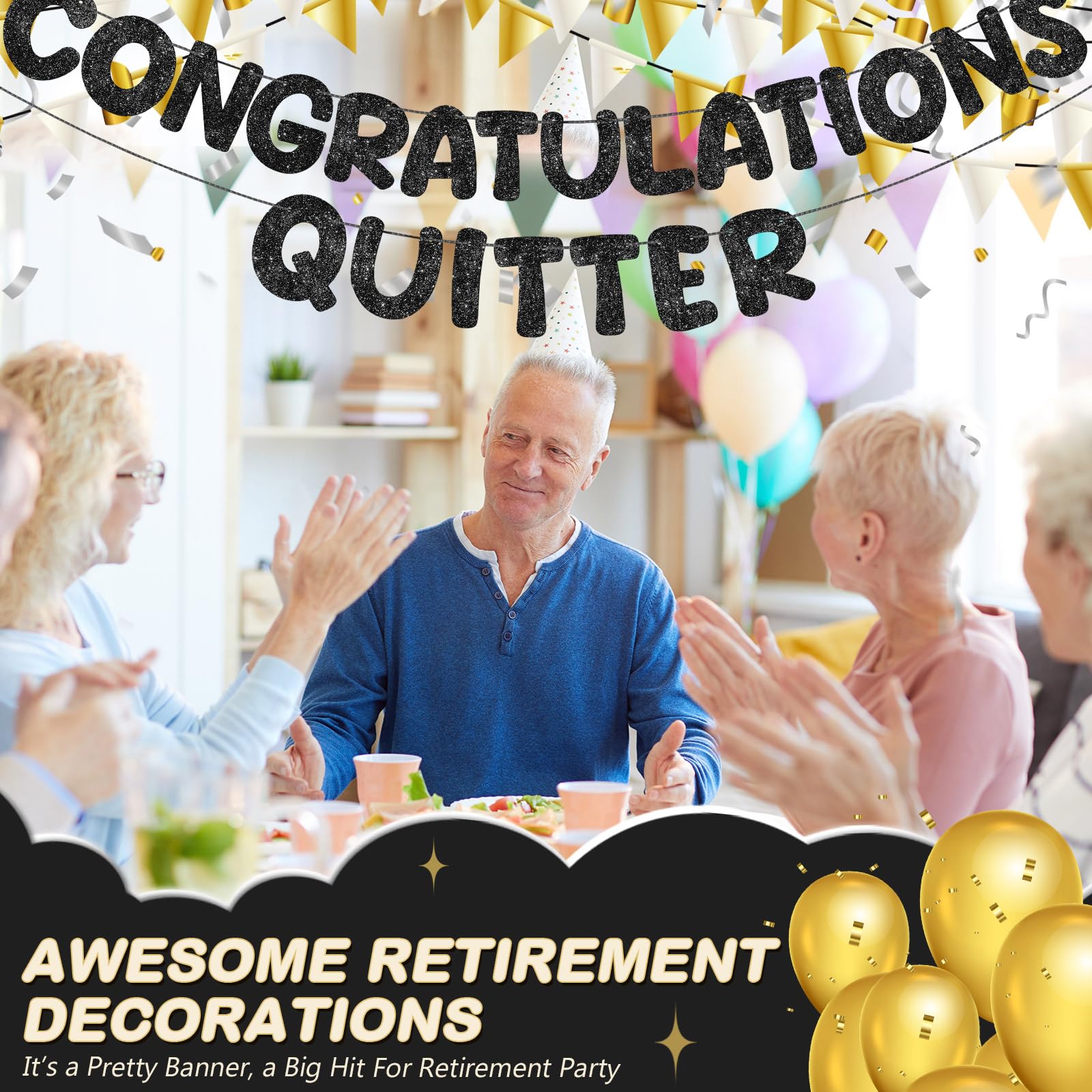 Fulmoon Pre Strung Congratulations Quitter Glitter Banner – Retirement & Graduation Decor (Black)
